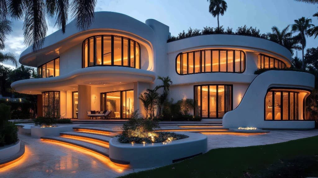 Curved villa at night